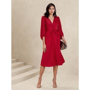 NWOT Banana Republic Factory Twist Front Red Satin Midi Dress - size 10